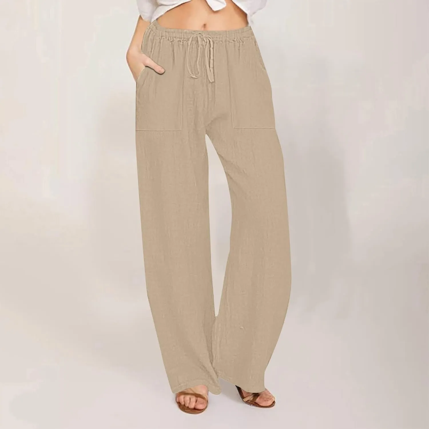 Summer Causal Pants for Women Trendy 2025 High Waisted Drawstring Lounge Trousers Flowy Boho Beach Pant Outfits