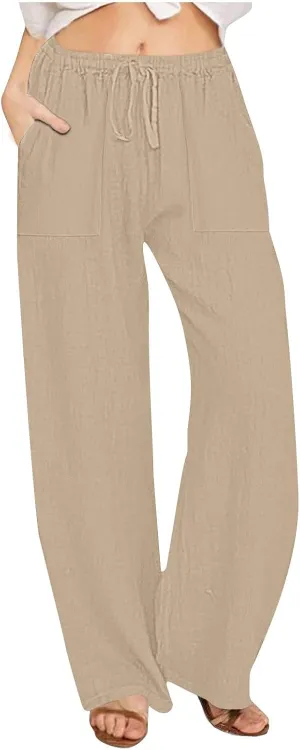 Summer Causal Pants for Women Trendy 2025 High Waisted Drawstring Lounge Trousers Flowy Boho Beach Pant Outfits
