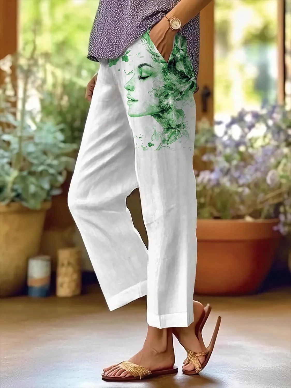 Summer Linen Pants for Women Wide Leg Boho Pants Loose Palazzo Pants Floral Pants with Drawstring and Pockets