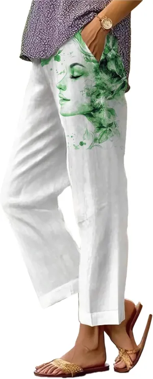 Summer Linen Pants for Women Wide Leg Boho Pants Loose Palazzo Pants Floral Pants with Drawstring and Pockets