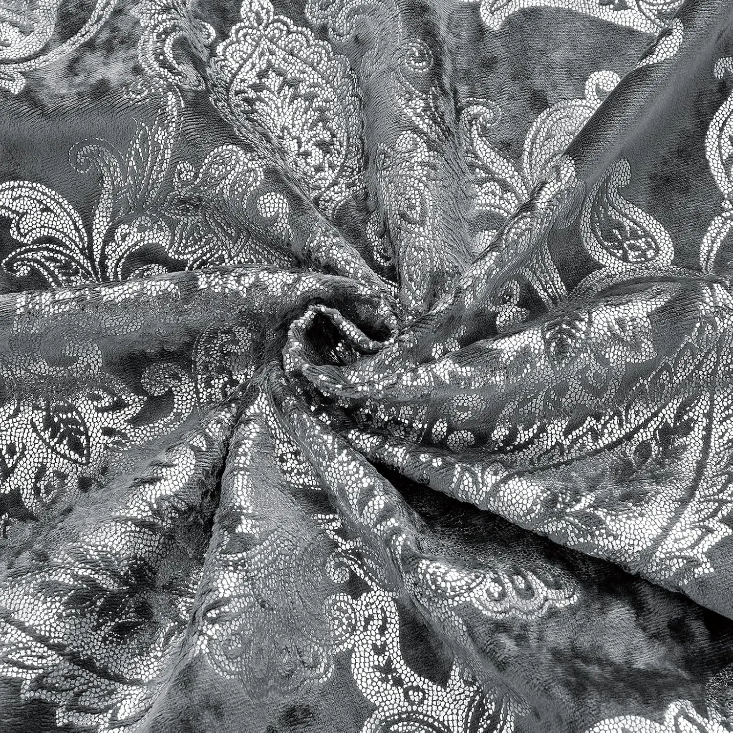 Sunshine Nicole Metallic Print Comforter Set, Distressed Velvet Face with Metallic Foil Print and Brushed Solid Microfiber Reverse, with Light Weight Soft Poly Fill, 3 Pieces Damask Grey Silver, King