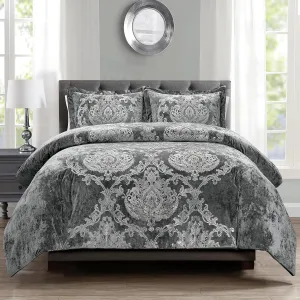 Sunshine Nicole Metallic Print Comforter Set, Distressed Velvet Face with Metallic Foil Print and Brushed Solid Microfiber Reverse, with Light Weight Soft Poly Fill, 3 Pieces Damask Grey Silver, King