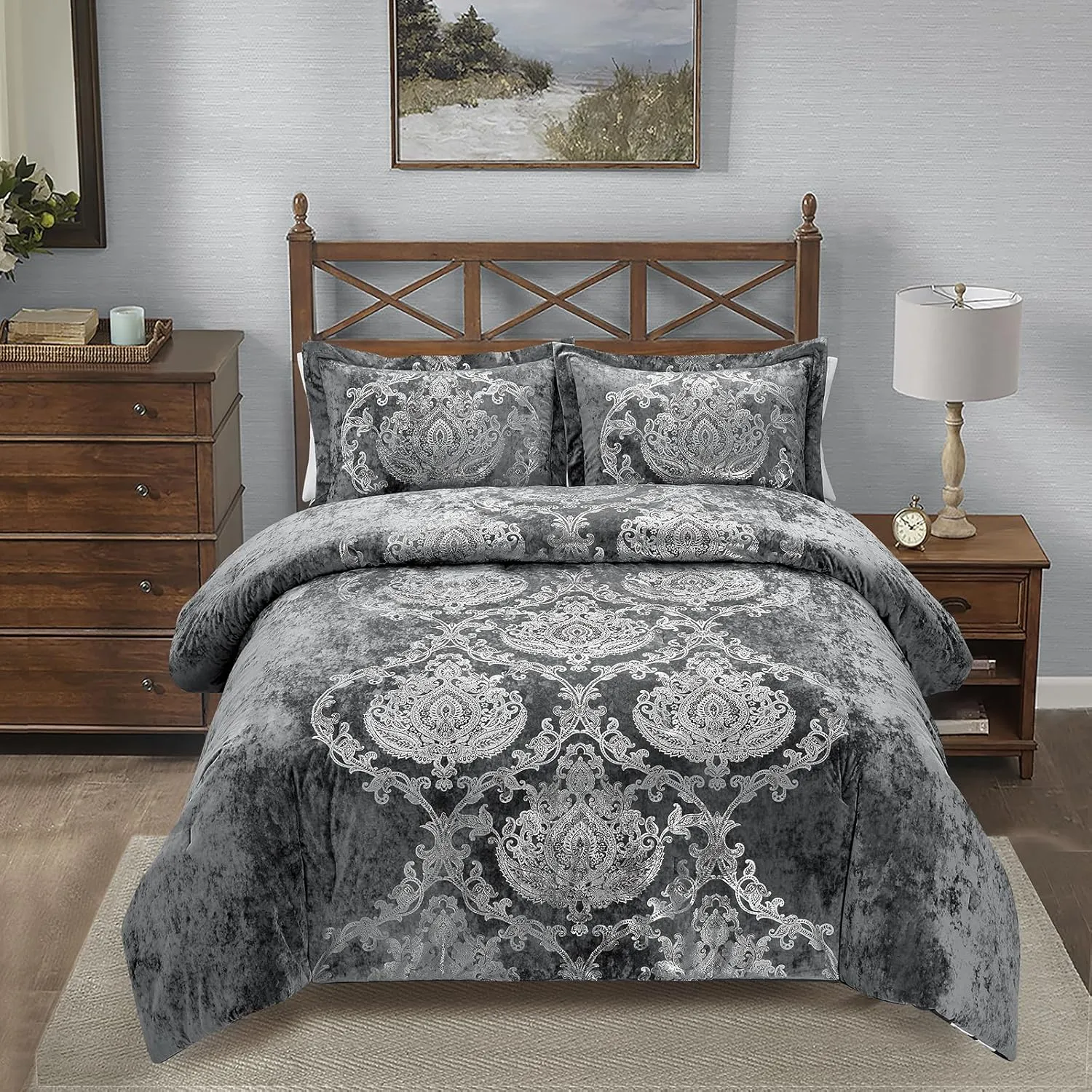 Sunshine Nicole Metallic Print Comforter Set, Distressed Velvet Face with Metallic Foil Print and Brushed Solid Microfiber Reverse, with Light Weight Soft Poly Fill, 3 Pieces Damask Grey Silver, King