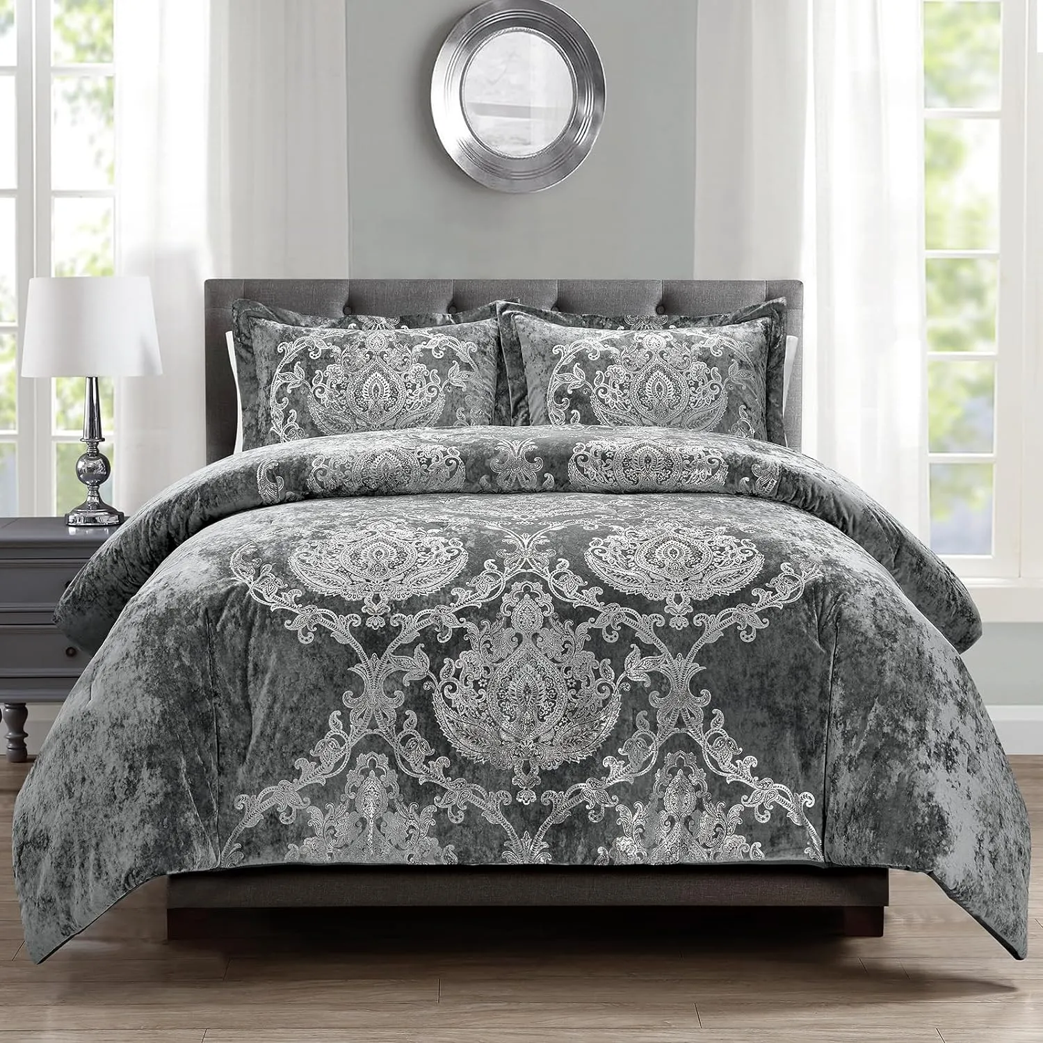 Sunshine Nicole Metallic Print Comforter Set, Distressed Velvet Face with Metallic Foil Print and Brushed Solid Microfiber Reverse, with Light Weight Soft Poly Fill, 3 Pieces Damask Grey Silver, King