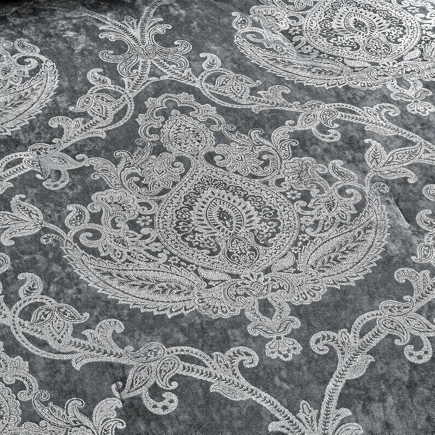 Sunshine Nicole Metallic Print Comforter Set, Distressed Velvet Face with Metallic Foil Print and Brushed Solid Microfiber Reverse, with Light Weight Soft Poly Fill, 3 Pieces Damask Grey Silver, King