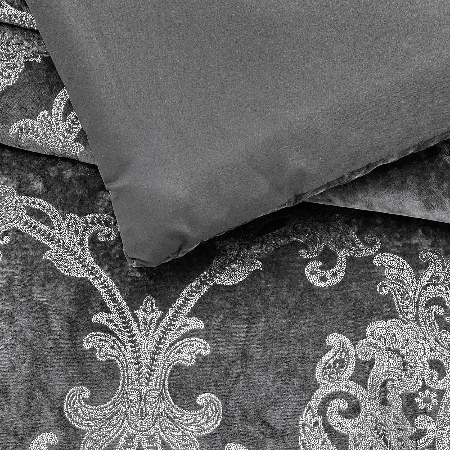 Sunshine Nicole Metallic Print Comforter Set, Distressed Velvet Face with Metallic Foil Print and Brushed Solid Microfiber Reverse, with Light Weight Soft Poly Fill, 3 Pieces Damask Grey Silver, King