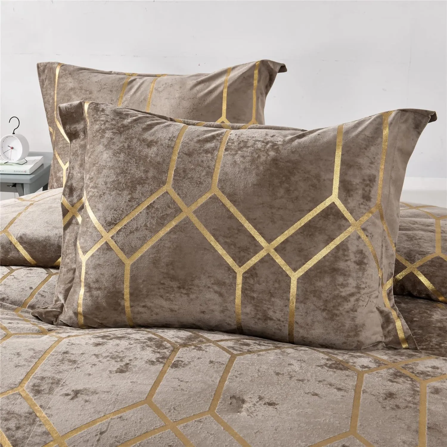 Sunshine Nicole Metallic Print Comforter Set, Distressed Velvet Face with Metallic Print and Brushed Solid Microfiber Reverse, with Light Weight Soft Poly Fill, 3 Pieces Khaki Gold, King