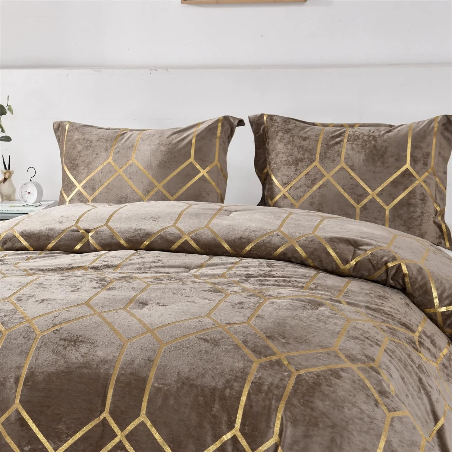 Sunshine Nicole Metallic Print Comforter Set, Distressed Velvet Face with Metallic Print and Brushed Solid Microfiber Reverse, with Light Weight Soft Poly Fill, 3 Pieces Khaki Gold, King