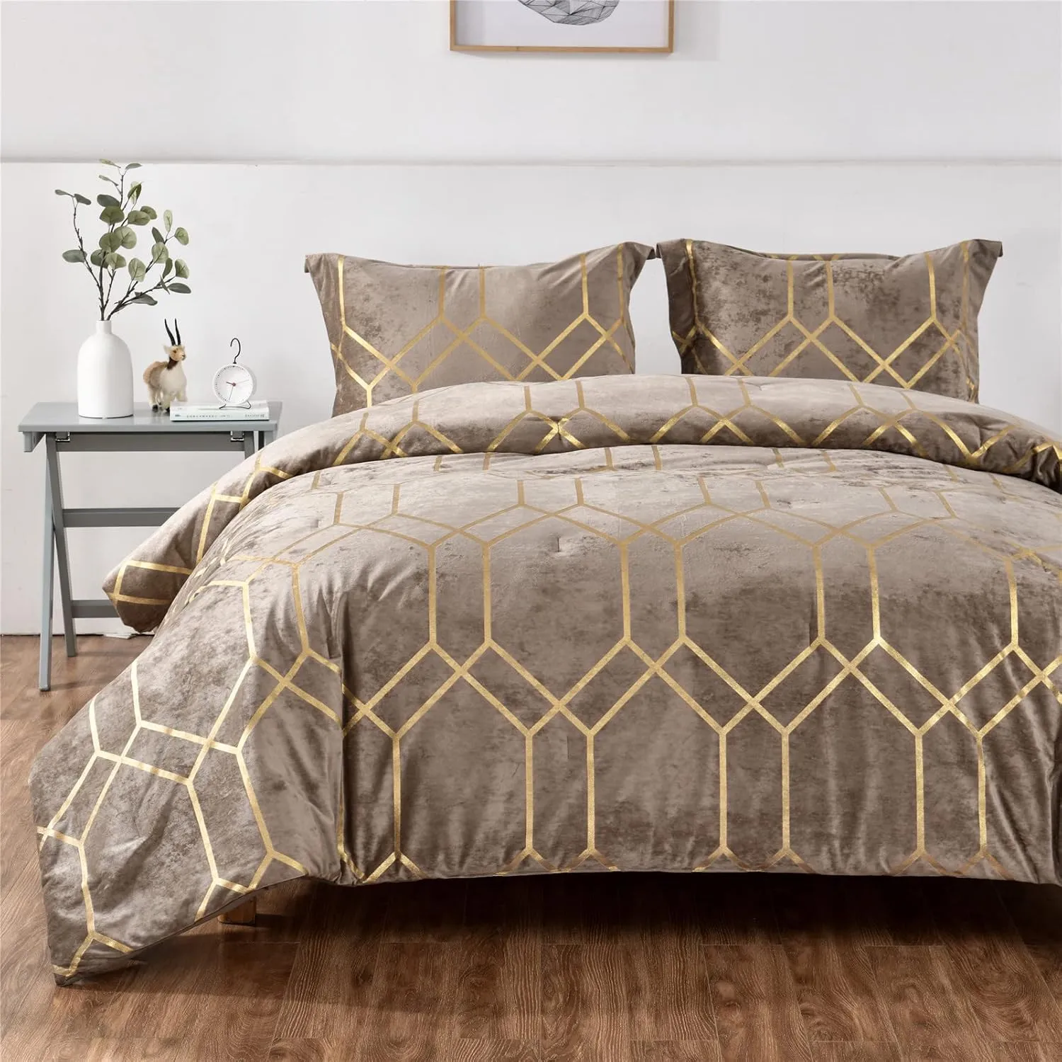 Sunshine Nicole Metallic Print Comforter Set, Distressed Velvet Face with Metallic Print and Brushed Solid Microfiber Reverse, with Light Weight Soft Poly Fill, 3 Pieces Khaki Gold, King