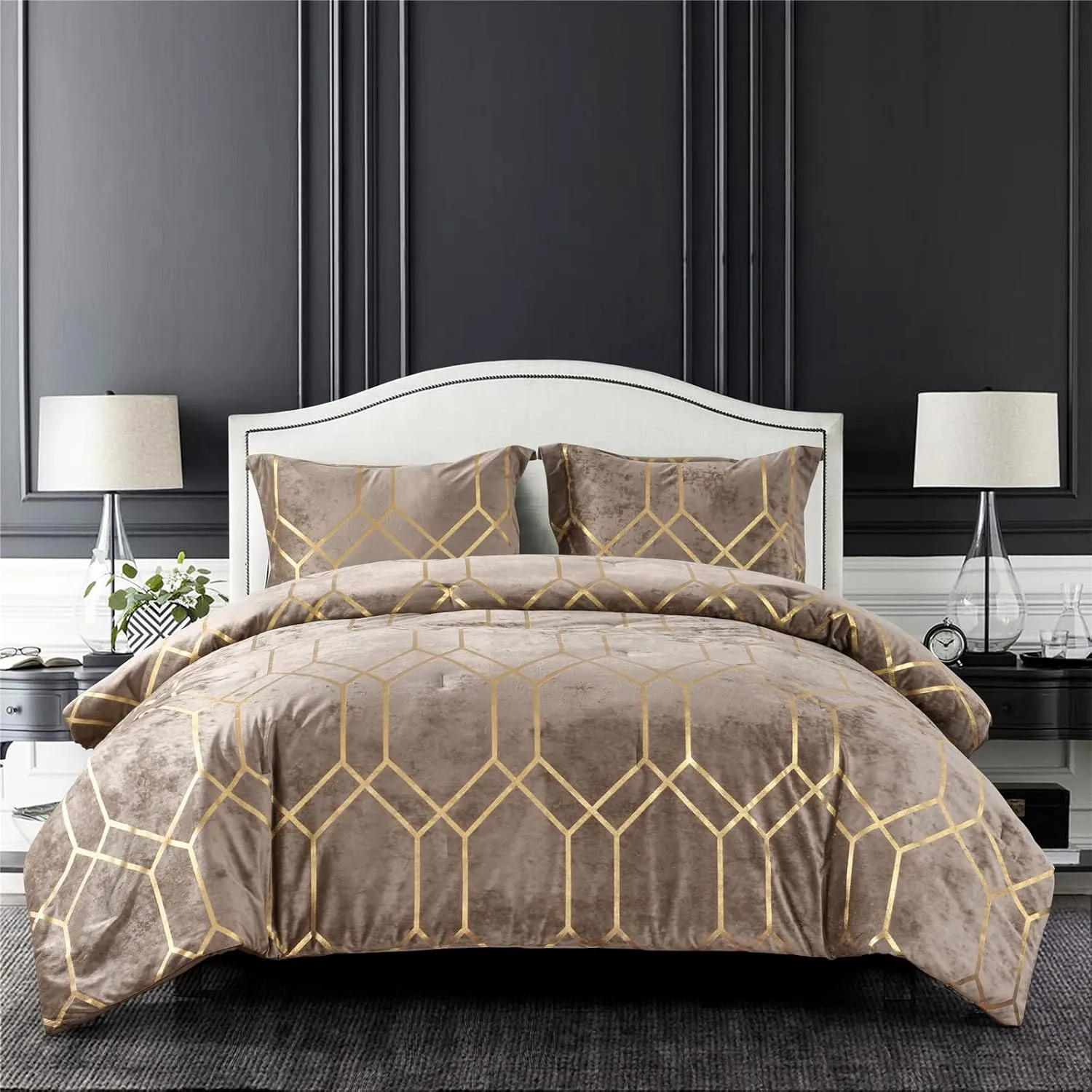 Sunshine Nicole Metallic Print Comforter Set, Distressed Velvet Face with Metallic Print and Brushed Solid Microfiber Reverse, with Light Weight Soft Poly Fill, 3 Pieces Khaki Gold, King