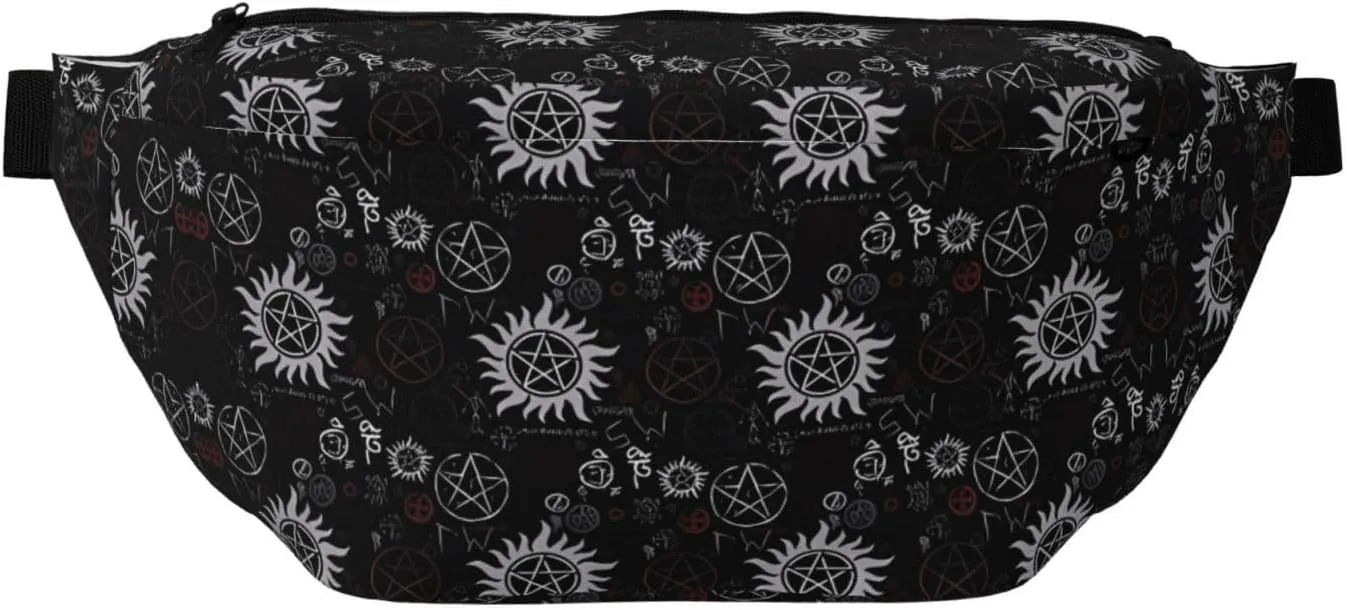 Supernatural Symbols Black Fanny Pack Crossbody Bag – Versatile Sling Bag for Men & Women with Zipper Pockets, Ideal for Travel, Running