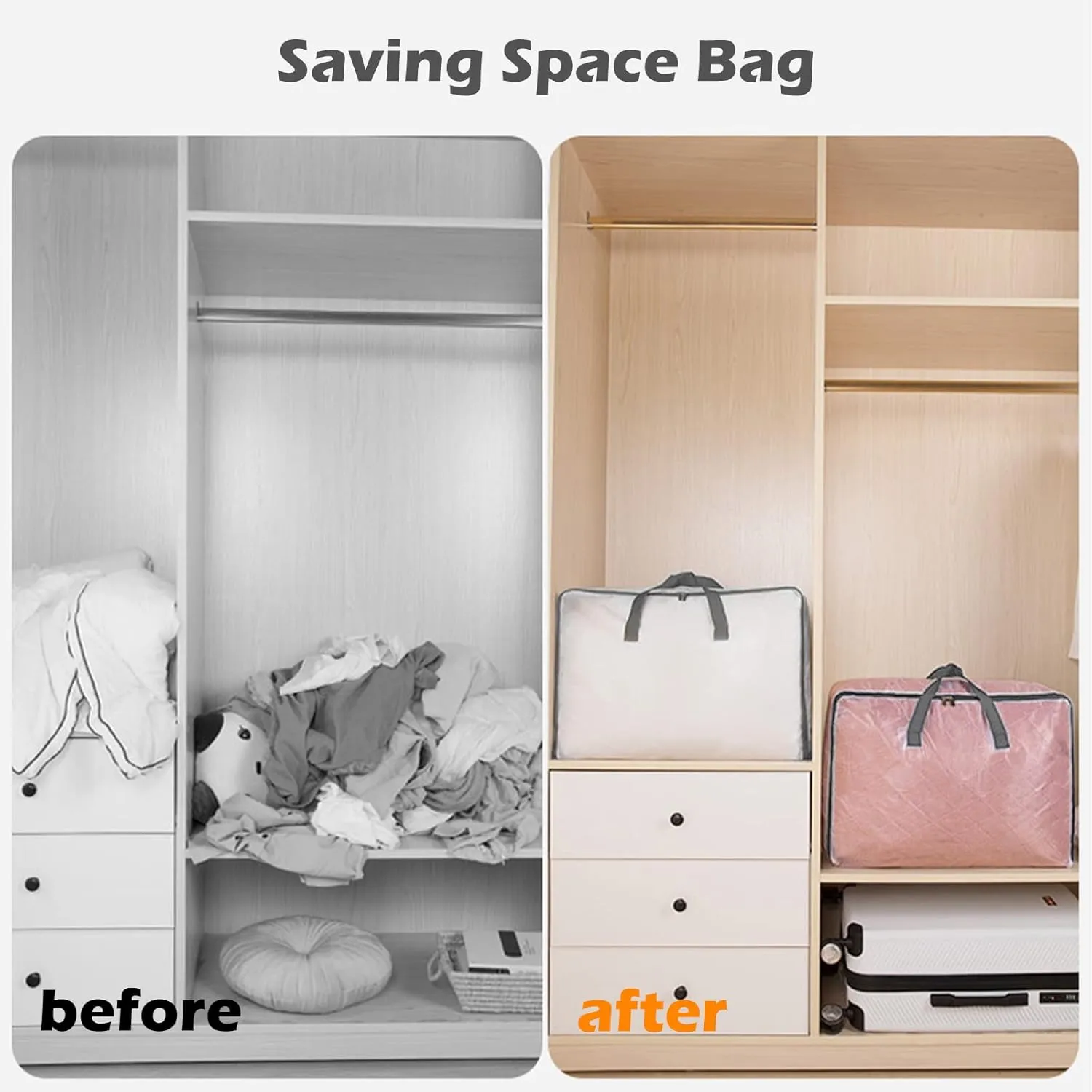 Surblue Clothes Storage Bag Organizer with Durable Handles Thick Fabric Extra Large Capacity Closet Bag for Blanket Comforter Clothing Bedding (Transparent, L)