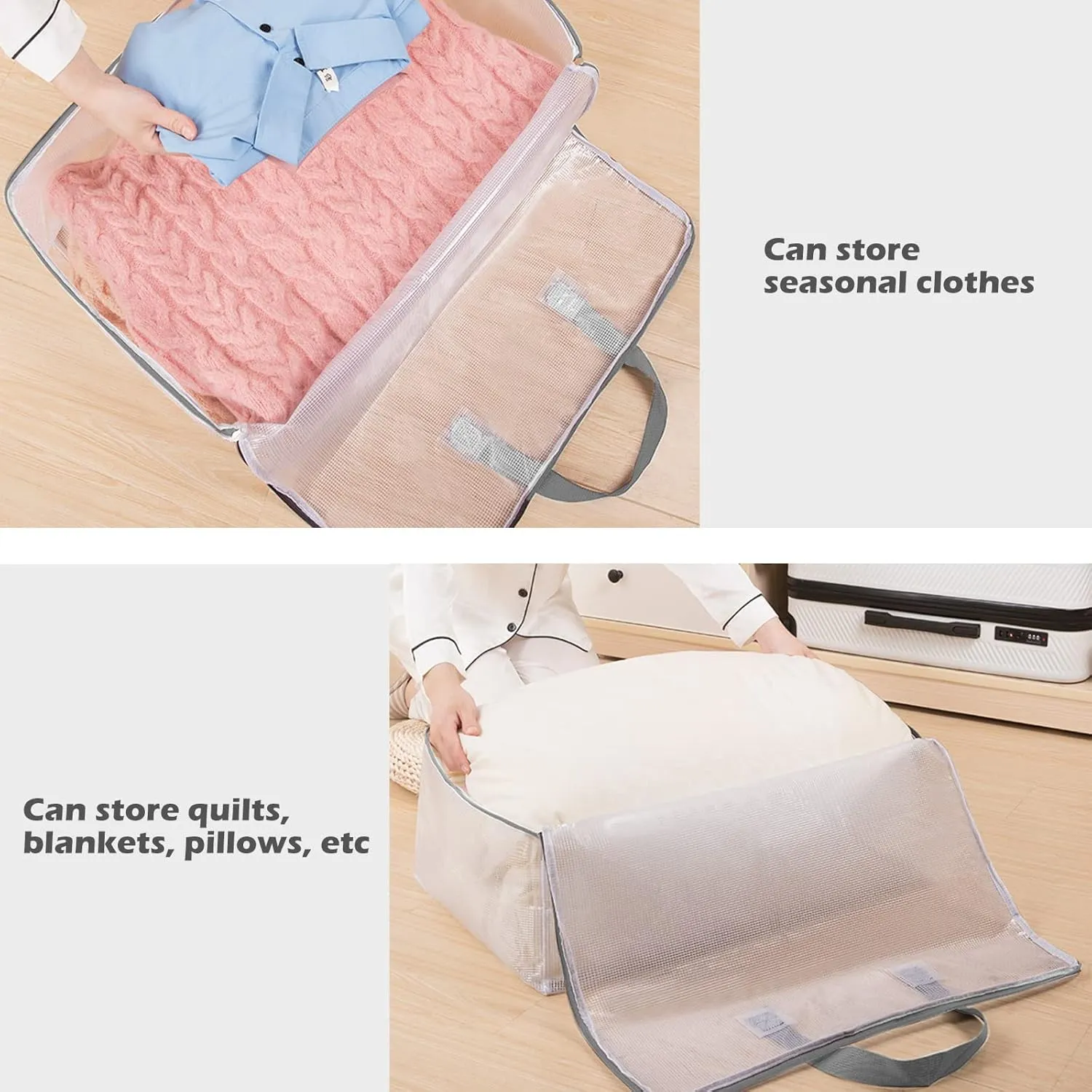 Surblue Clothes Storage Bag Organizer with Durable Handles Thick Fabric Extra Large Capacity Closet Bag for Blanket Comforter Clothing Bedding (Transparent, L)