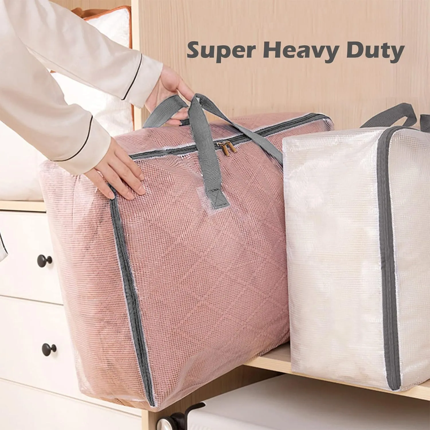 Surblue Clothes Storage Bag Organizer with Durable Handles Thick Fabric Extra Large Capacity Closet Bag for Blanket Comforter Clothing Bedding (Transparent, XL)