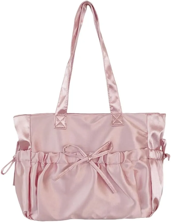 Sweet Pleated Bows Shoulder Bag Solid Color Large Capacity Nylon Handbag Purse