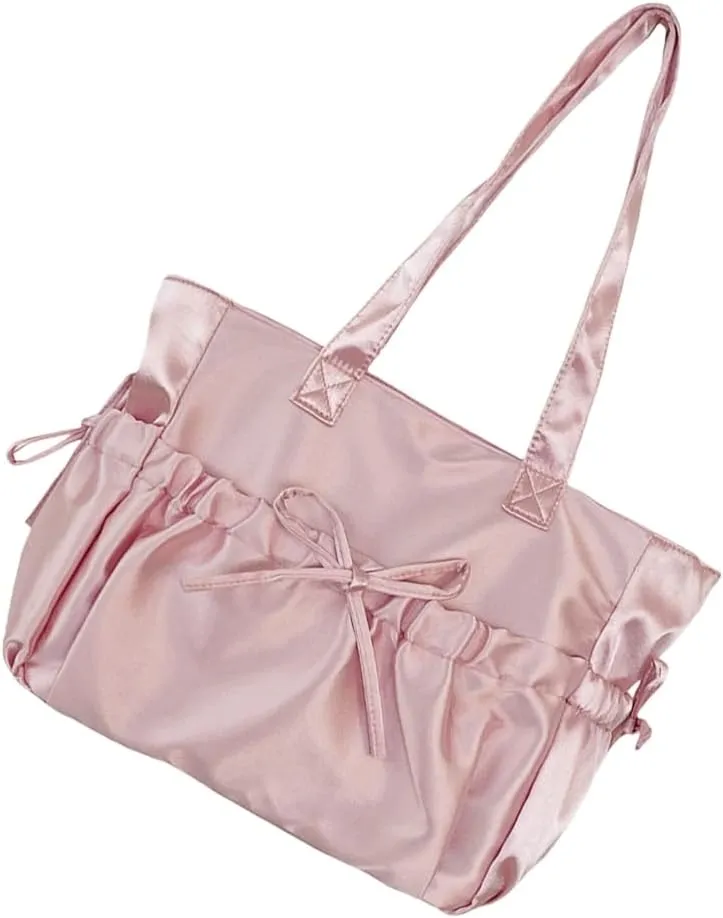 Sweet Pleated Bows Shoulder Bag Solid Color Large Capacity Nylon Handbag Purse