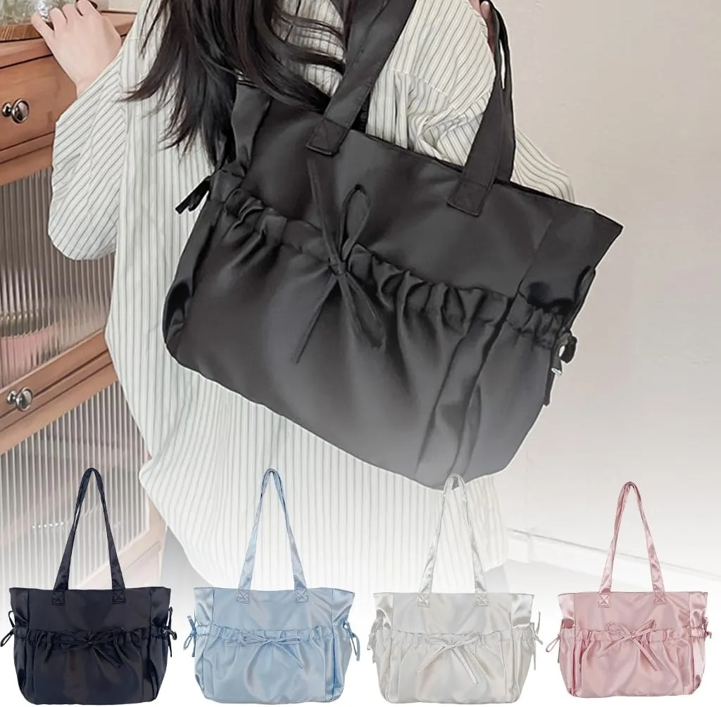 Sweet Pleated Bows Shoulder Bag Solid Color Large Capacity Nylon Handbag Purse