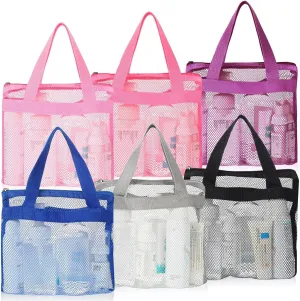 Sweetude 6 Pcs Portable Mesh Shower Caddy Tote Assorted Colors Quick Dry Tote Bag Mesh Beach Bags for Women Hanging Toiletry and Bath Organizer for Travel Swimming Sports Gym Camp Shopping College