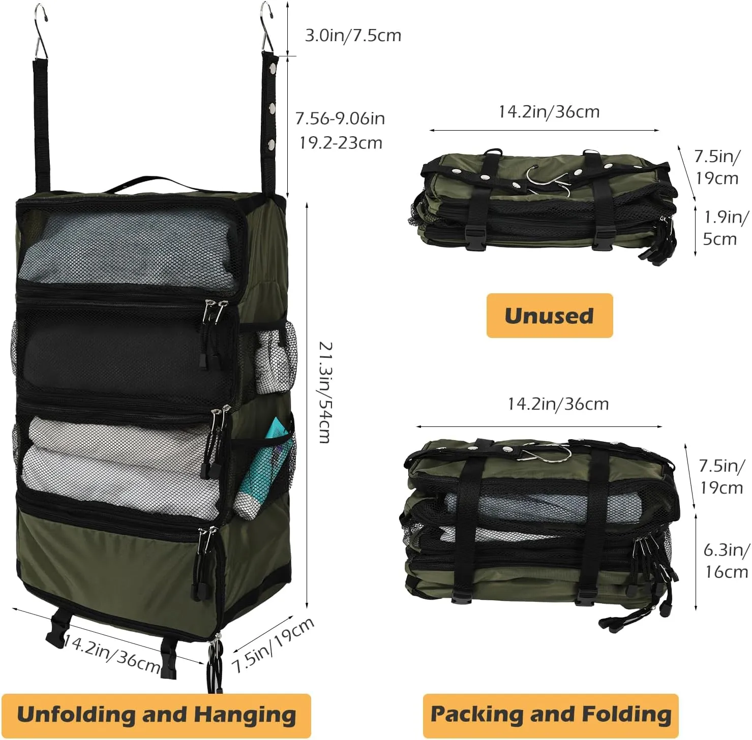 TABITORA Travel Luggage Organizer Hanging Packing Cubes Portable Hanging Shelves Carry on Closet for Suitcase with 2 Hooks,Collapsible(Darkgreen,M)