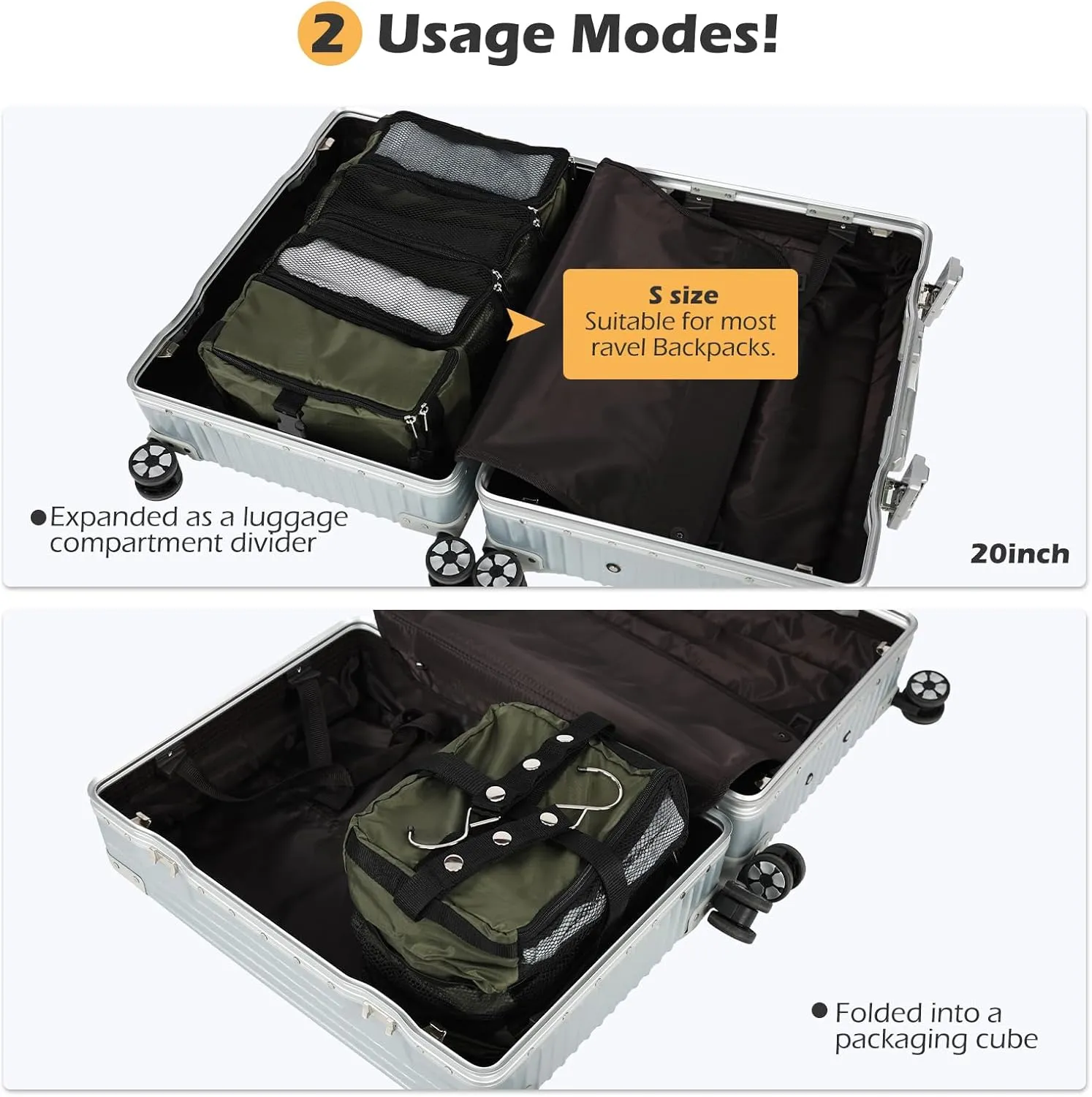 TABITORA Travel Luggage Organizer Hanging Packing Cubes Portable Hanging Shelves Carry on Closet for Suitcase with 2 Hooks,Collapsible(Darkgreen,M)