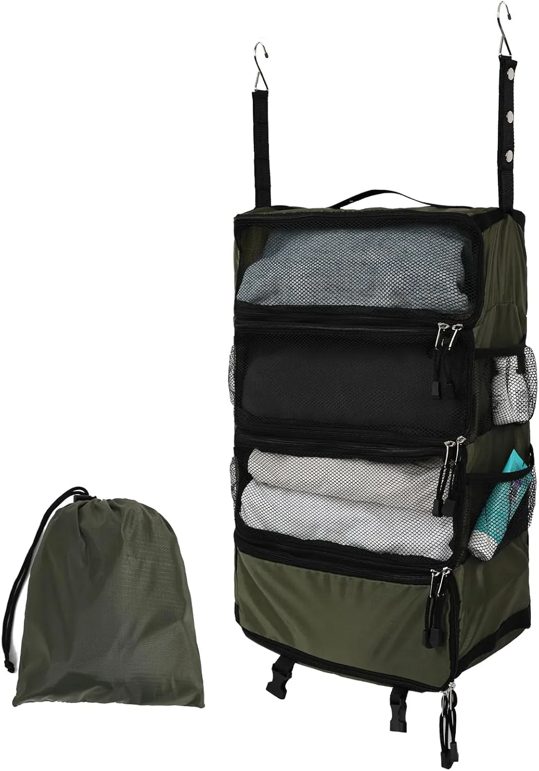 TABITORA Travel Luggage Organizer Hanging Packing Cubes Portable Hanging Shelves Carry on Closet for Suitcase with 2 Hooks,Collapsible(Darkgreen,M)