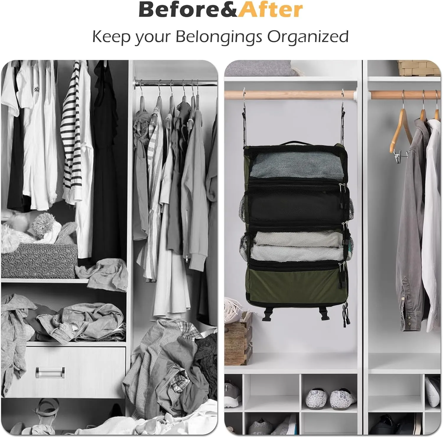 TABITORA Travel Luggage Organizer Hanging Packing Cubes Portable Hanging Shelves Carry on Closet for Suitcase with 2 Hooks,Collapsible(Darkgreen,M)