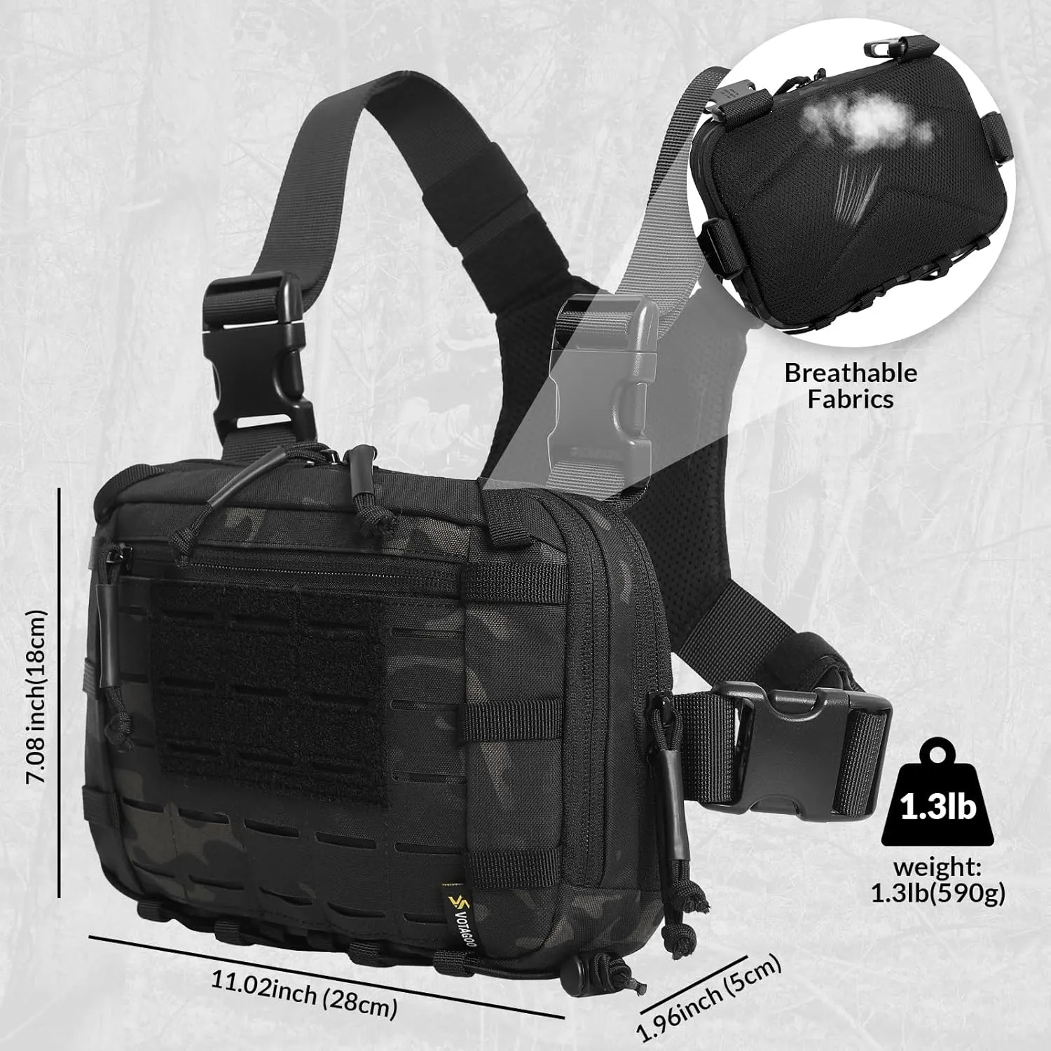 Tactical EDC Chest Bag 2L Utility Molle Chest Rig Pouch with CCW Compartment Adjustable Strap Outdoor