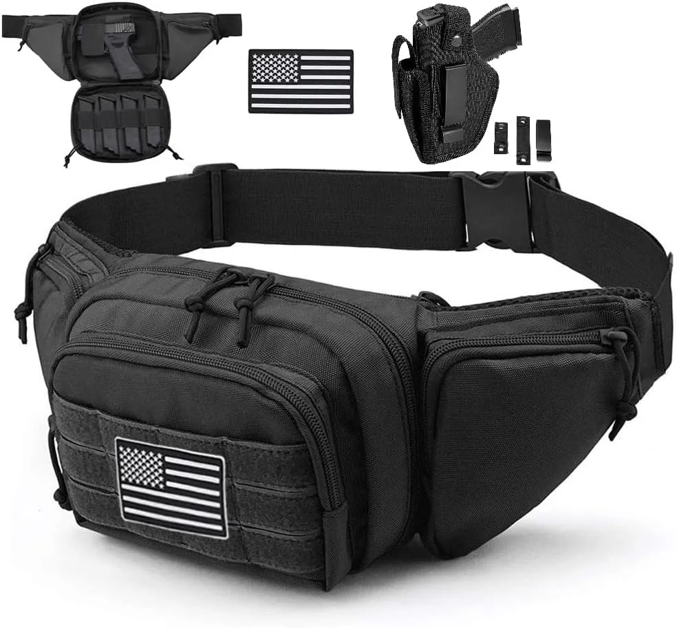 Tactical Fanny Pack Gun Holster Concealed Carry Pistol Military Tactical Waist Bag Waterproof Molle EDC Pouch with USA Flag Patch