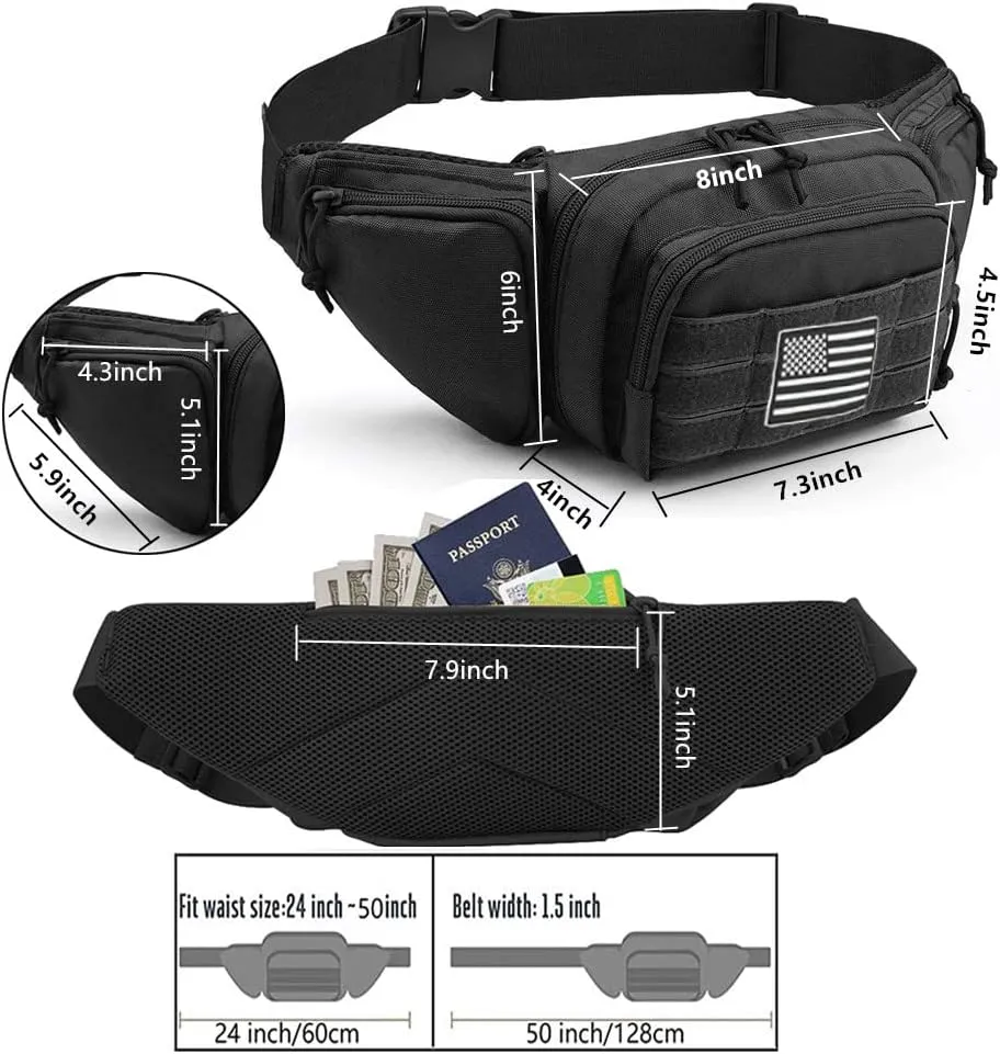 Tactical Fanny Pack Gun Holster Concealed Carry Pistol Military Tactical Waist Bag Waterproof Molle EDC Pouch with USA Flag Patch