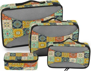 Talavera Indian Ceramic Portugal Turkish Moroccan Tile Mosaic Ethnic 4 PCs Set Packing Bags, Luggage Organizer Bag, Portable Cube Toiletry bag, Durable Travel Cosmetic Storage Bag for Men Women
