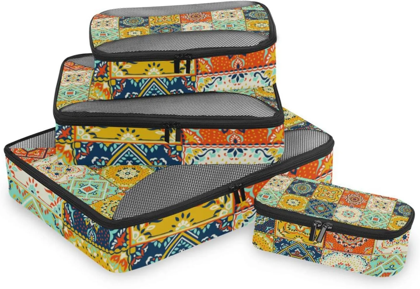 Talavera Indian Ceramic Portugal Turkish Moroccan Tile Mosaic Ethnic 4 PCs Set Packing Bags, Luggage Organizer Bag, Portable Cube Toiletry bag, Durable Travel Cosmetic Storage Bag for Men Women