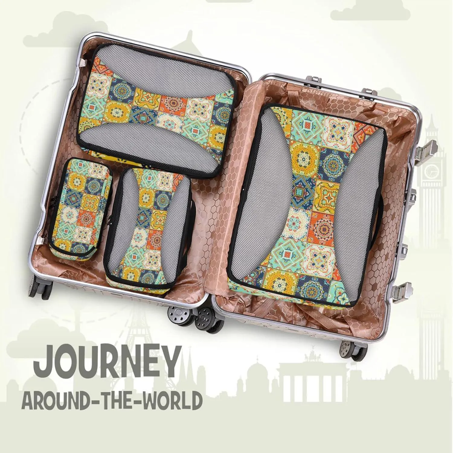 Talavera Indian Ceramic Portugal Turkish Moroccan Tile Mosaic Ethnic 4 PCs Set Packing Bags, Luggage Organizer Bag, Portable Cube Toiletry bag, Durable Travel Cosmetic Storage Bag for Men Women