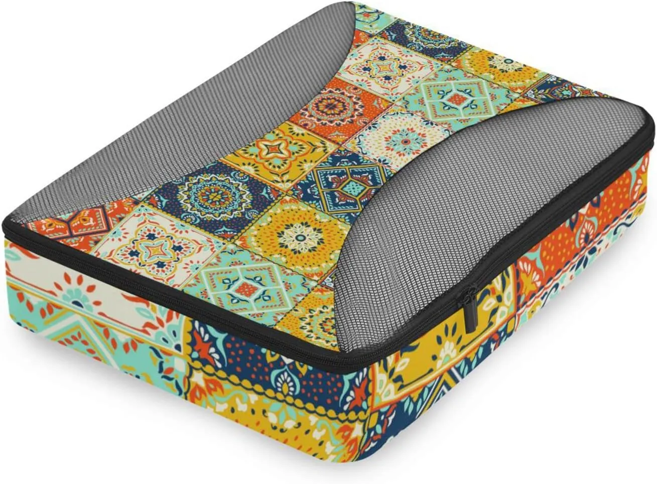 Talavera Indian Ceramic Portugal Turkish Moroccan Tile Mosaic Ethnic 4 PCs Set Packing Bags, Luggage Organizer Bag, Portable Cube Toiletry bag, Durable Travel Cosmetic Storage Bag for Men Women