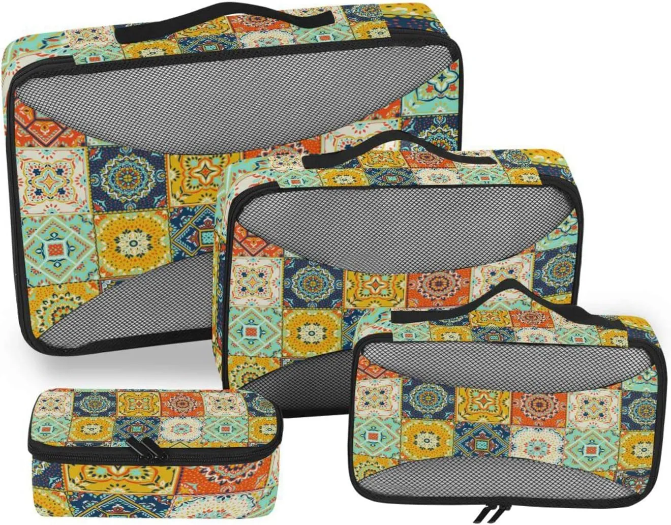 Talavera Indian Ceramic Portugal Turkish Moroccan Tile Mosaic Ethnic 4 PCs Set Packing Bags, Luggage Organizer Bag, Portable Cube Toiletry bag, Durable Travel Cosmetic Storage Bag for Men Women