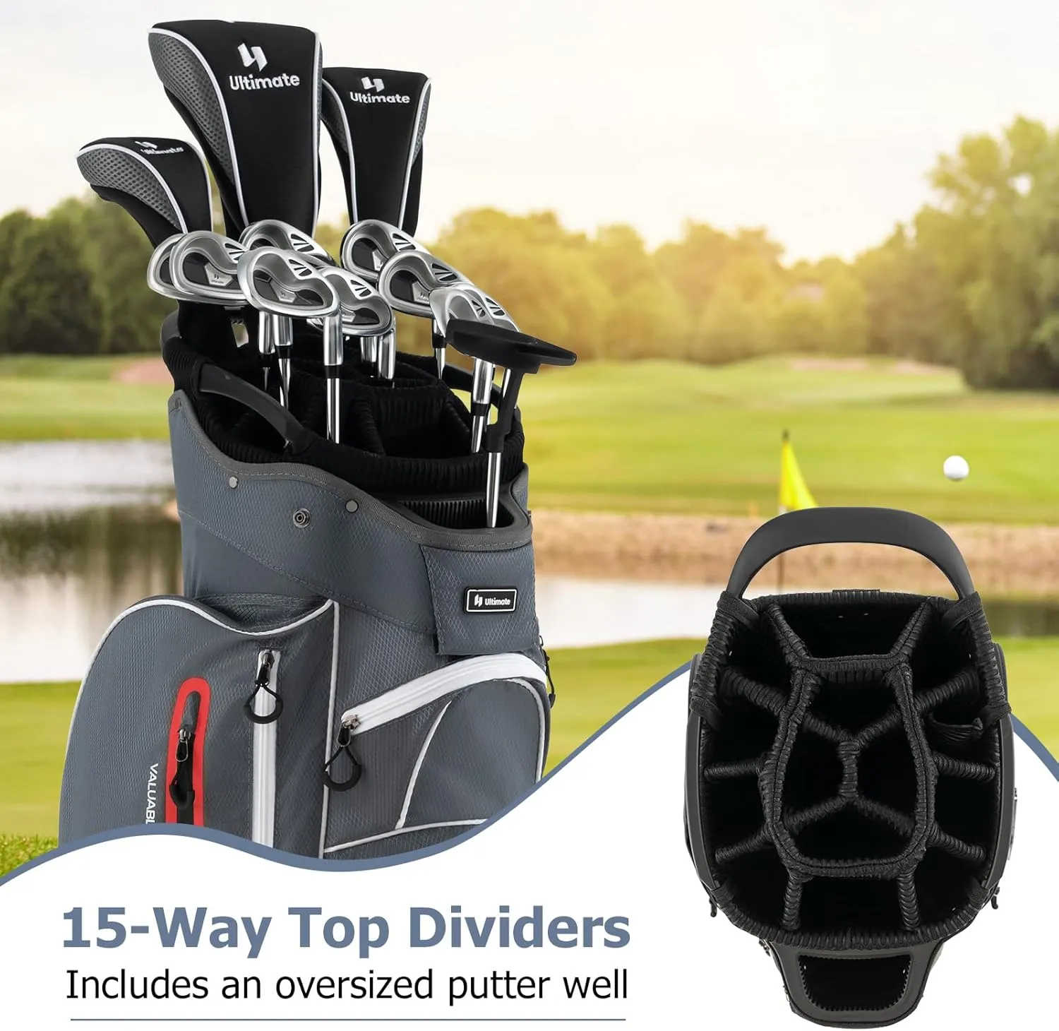 Tangkula Golf Cart Bag with 15 Way Top Dividers, Lightweight Golf Clubs Bag with Individual Putter Well & 7 Pockets, Cooler Bag, Shoulder Strap & Rain Hood, Portable Golf Carry Bag for Men & Women