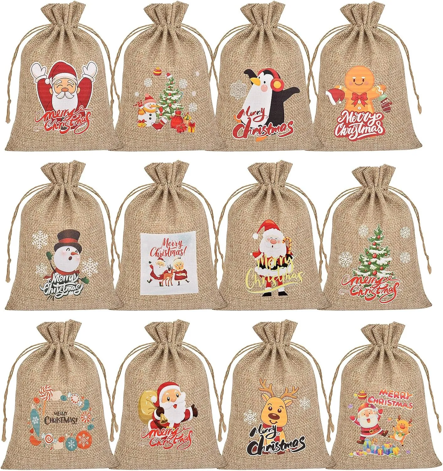 TANGXIA Christmas Small Burlap Bags with Drawstring, Burlap Gift Bags Christmas Linen Treat Sacks Gift Wrapping Bags Xmas Holiday Party Favors Bags(7x5 inch, 24 Pcs)