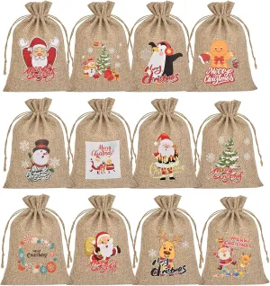 TANGXIA Christmas Small Burlap Bags with Drawstring, Burlap Gift Bags Christmas Linen Treat Sacks Gift Wrapping Bags Xmas Holiday Party Favors Bags(7x5 inch, 24 Pcs)