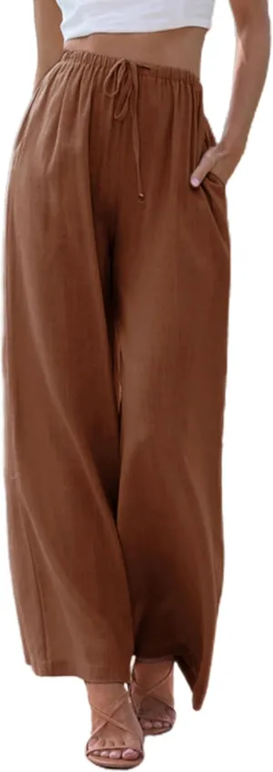 Tanming Wide Leg Linen Pants for Women Summer Flowy High Waisted Beach Palazzo Trousers