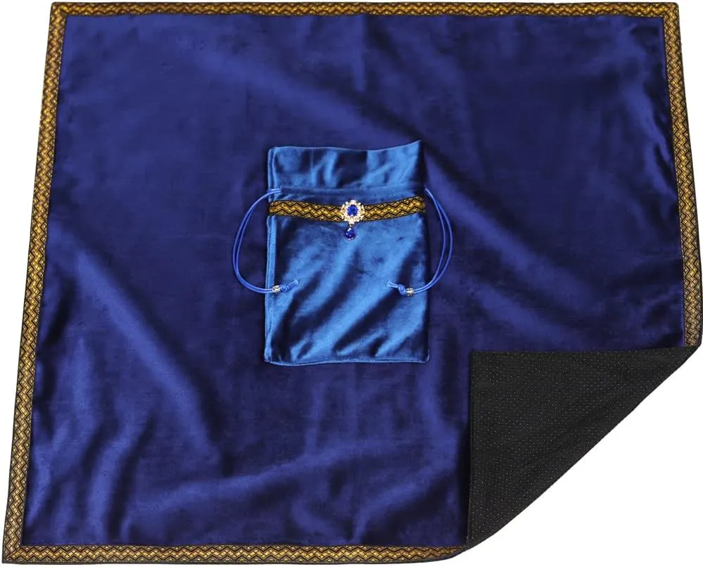 Tarot Cards Divination Altar Cloth Witch Decor - Witchy Gifts，Fortune Teller's Recommendation - Acrylic Diamond Pendant - Thickened Velvet Non Slip (Blue, 2-Piece Set with Medium Bag)