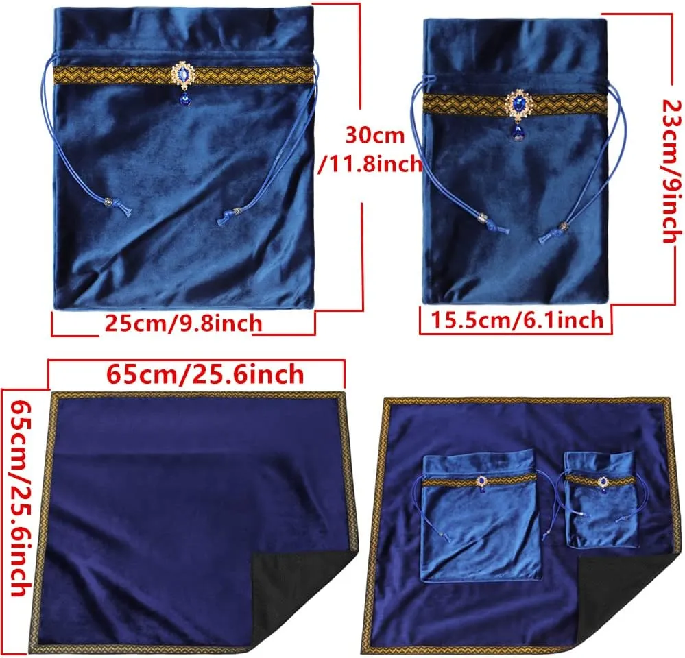 Tarot Cards Divination Altar Cloth Witch Decor - Witchy Gifts，Fortune Teller's Recommendation - Acrylic Diamond Pendant - Thickened Velvet Non Slip (Blue, 2-Piece Set with Medium Bag)