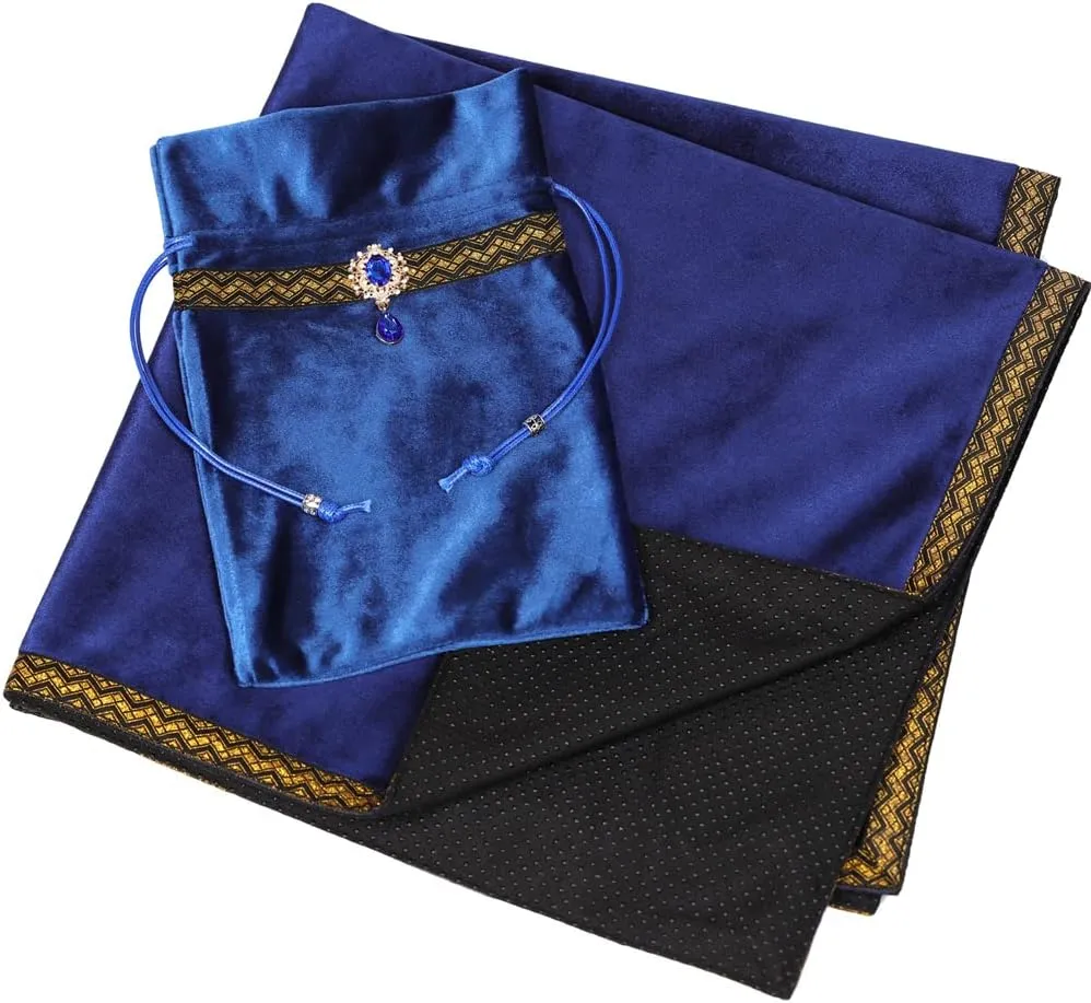 Tarot Cards Divination Altar Cloth Witch Decor - Witchy Gifts，Fortune Teller's Recommendation - Acrylic Diamond Pendant - Thickened Velvet Non Slip (Blue, 2-Piece Set with Medium Bag)