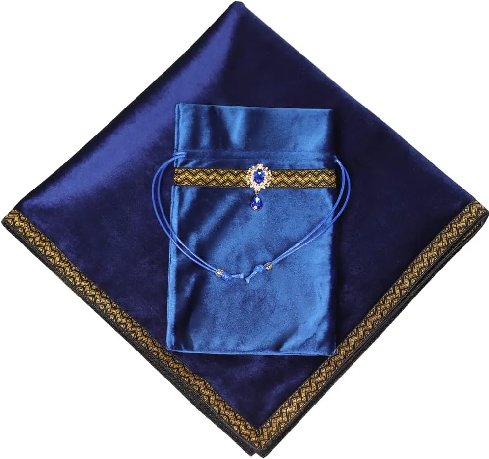Tarot Cards Divination Altar Cloth Witch Decor - Witchy Gifts，Fortune Teller's Recommendation - Acrylic Diamond Pendant - Thickened Velvet Non Slip (Blue, 2-Piece Set with Medium Bag)