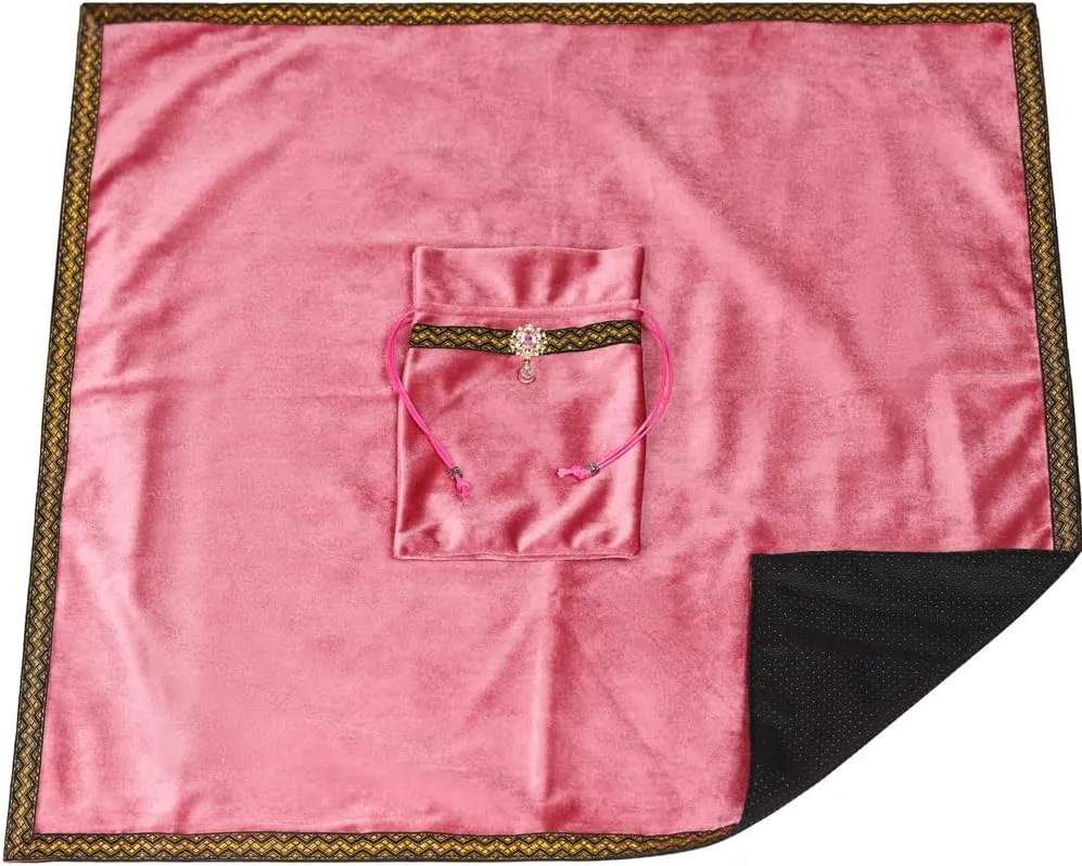 Tarot Cards Divination Altar Cloth Witch Decor - Witchy Gifts，Fortune Teller's Recommendation - Acrylic Diamond Pendant - Thickened Velvet Non Slip (Pink, 2-Piece Set with Medium Bag)