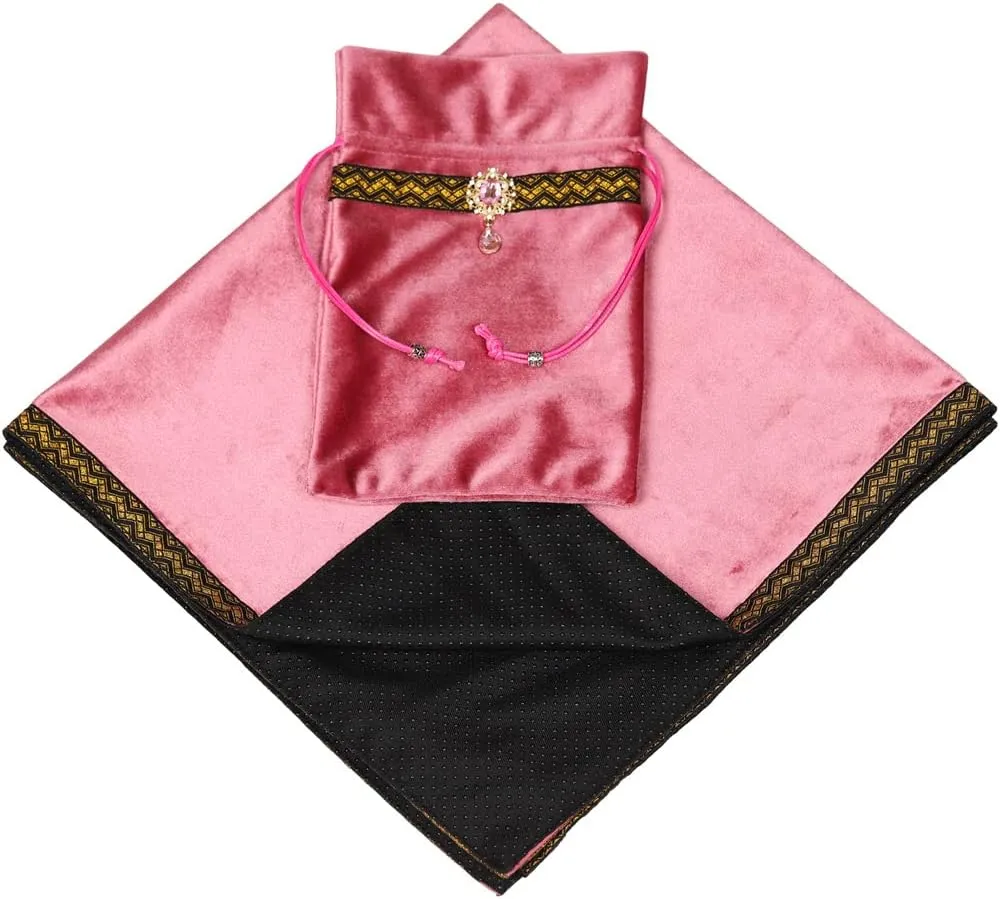 Tarot Cards Divination Altar Cloth Witch Decor - Witchy Gifts，Fortune Teller's Recommendation - Acrylic Diamond Pendant - Thickened Velvet Non Slip (Pink, 2-Piece Set with Medium Bag)