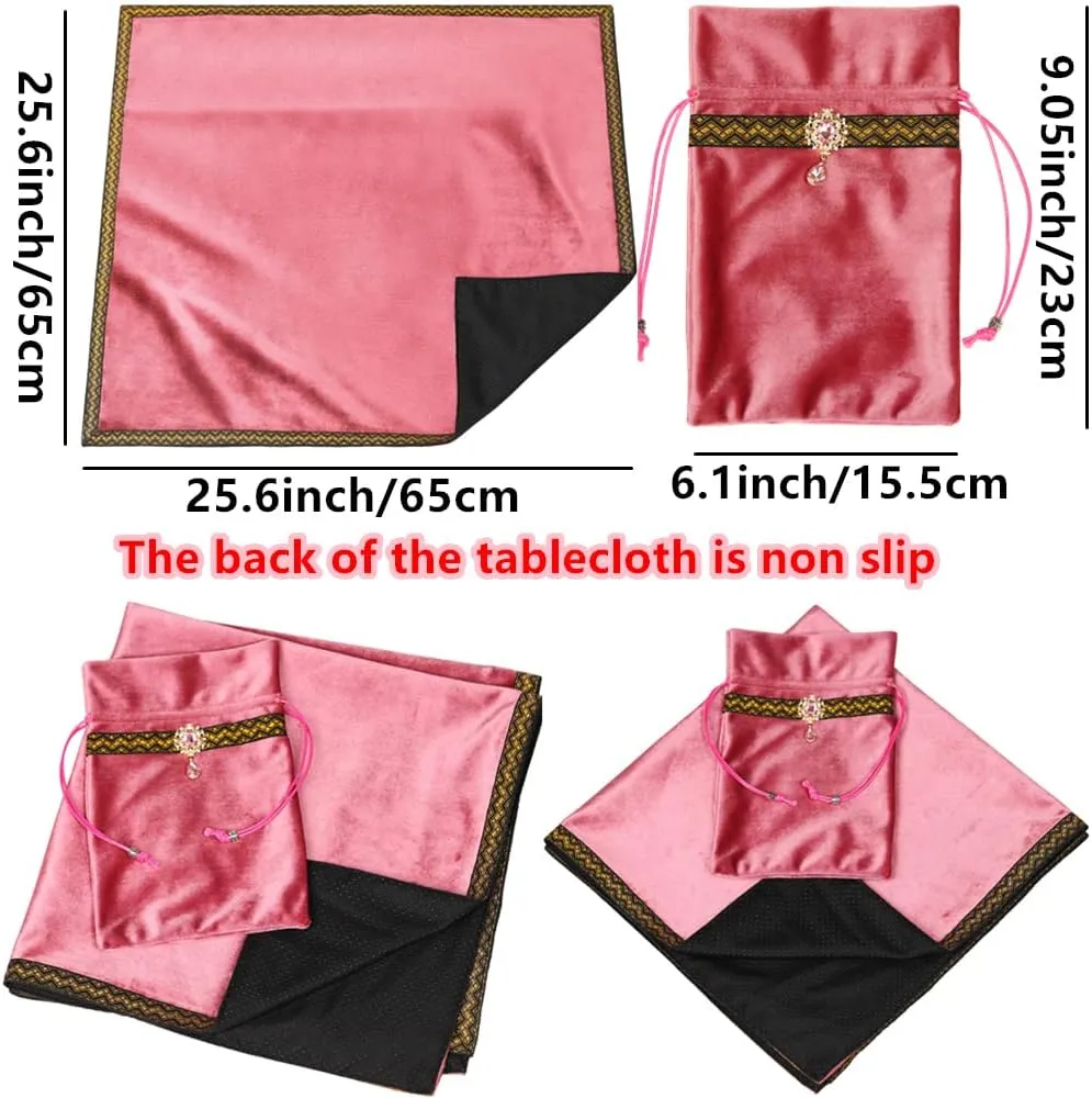 Tarot Cards Divination Altar Cloth Witch Decor - Witchy Gifts，Fortune Teller's Recommendation - Acrylic Diamond Pendant - Thickened Velvet Non Slip (Pink, 2-Piece Set with Medium Bag)