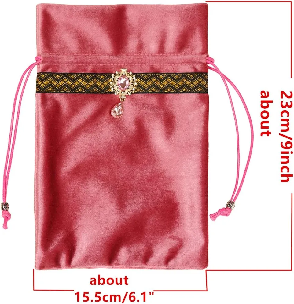 Tarot Cards Divination Altar Cloth Witch Decor - Witchy Gifts，Fortune Teller's Recommendation - Acrylic Diamond Pendant - Thickened Velvet Non Slip (Pink, 2-Piece Set with Medium Bag)
