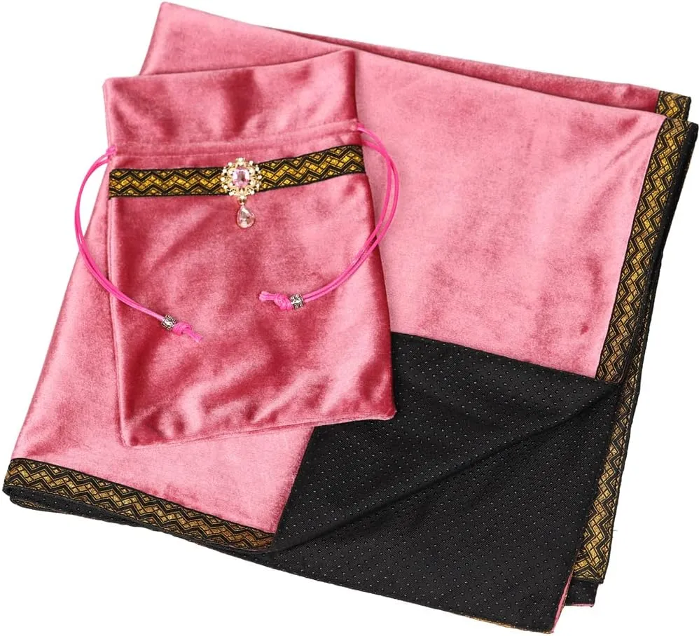 Tarot Cards Divination Altar Cloth Witch Decor - Witchy Gifts，Fortune Teller's Recommendation - Acrylic Diamond Pendant - Thickened Velvet Non Slip (Pink, 2-Piece Set with Medium Bag)