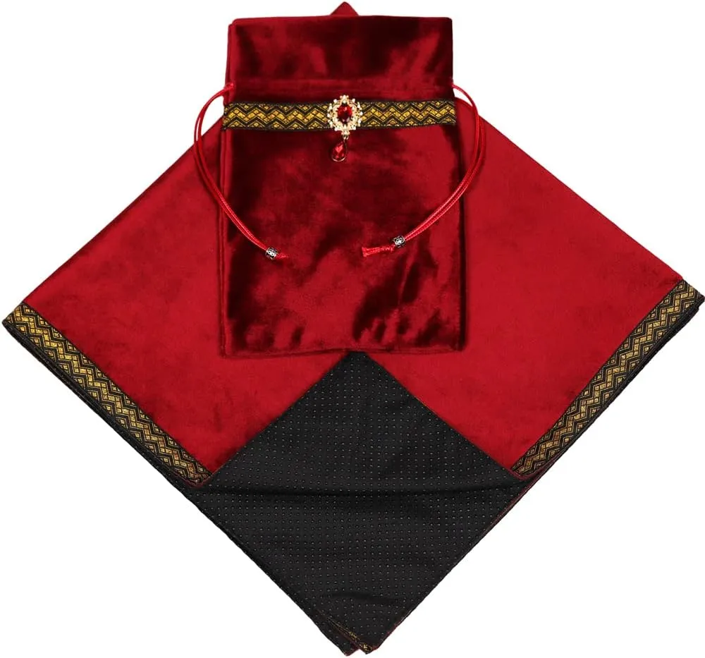 Tarot Cards Divination Altar Cloth Witch Decor - Witchy Gifts，Fortune Teller's Recommendation - Acrylic Diamond Pendant - Thickened Velvet Non Slip (Red, 2-Piece Set with Medium Bag)