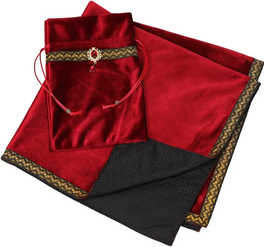 Tarot Cards Divination Altar Cloth Witch Decor - Witchy Gifts，Fortune Teller's Recommendation - Acrylic Diamond Pendant - Thickened Velvet Non Slip (Red, 2-Piece Set with Medium Bag)