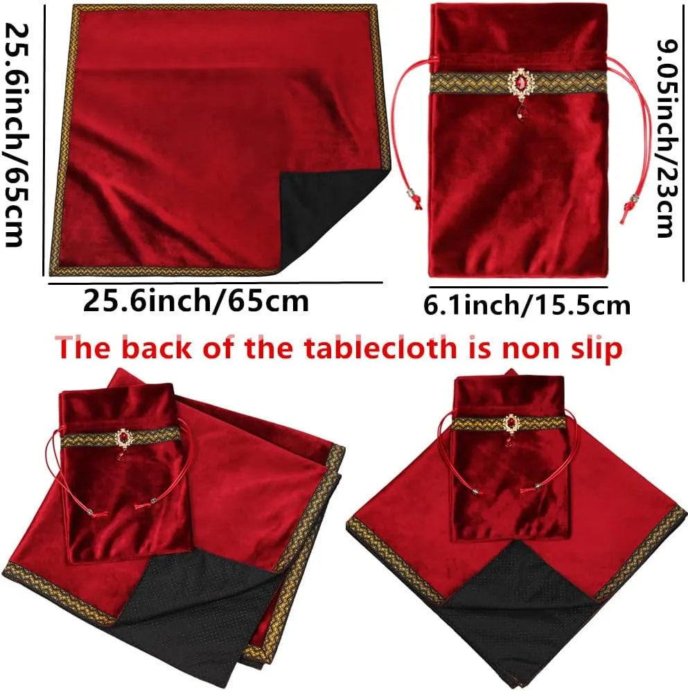 Tarot Cards Divination Altar Cloth Witch Decor - Witchy Gifts，Fortune Teller's Recommendation - Acrylic Diamond Pendant - Thickened Velvet Non Slip (Red, 2-Piece Set with Medium Bag)